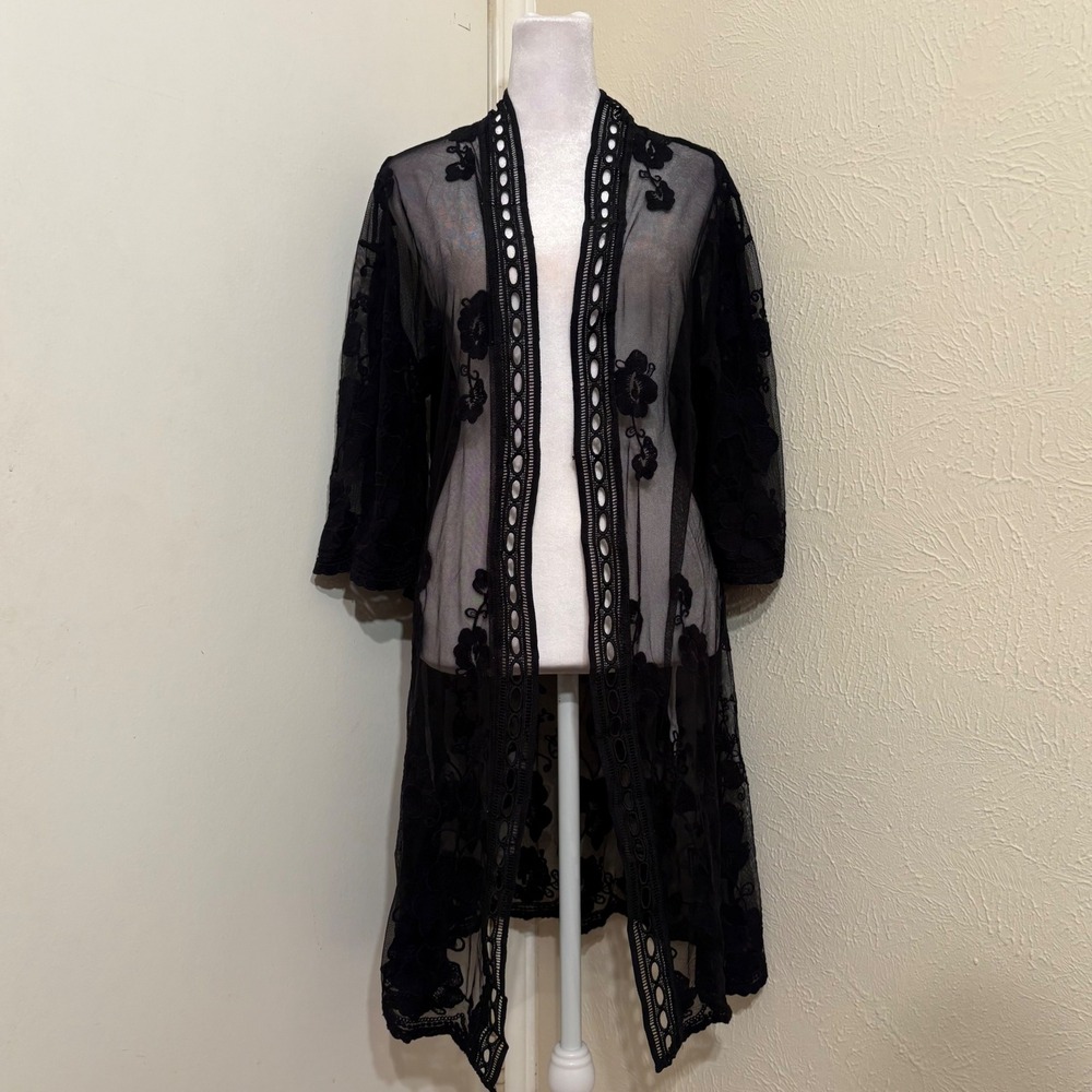Black Floral Embroidered Mesh Lace Trim Half Sleeve Kimono Long Cardigan Sz M
